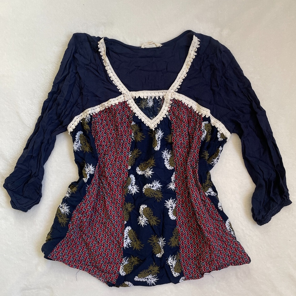 Summer Blouse Red/White/Green/Navy Blue Size Small Pineapple Pattern